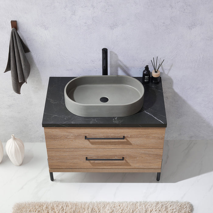 36-Inch Oak Wood Samara Single Sink Vanity - Black Sintered Stone Countertop with Concrete Sink & Soft Close Storage