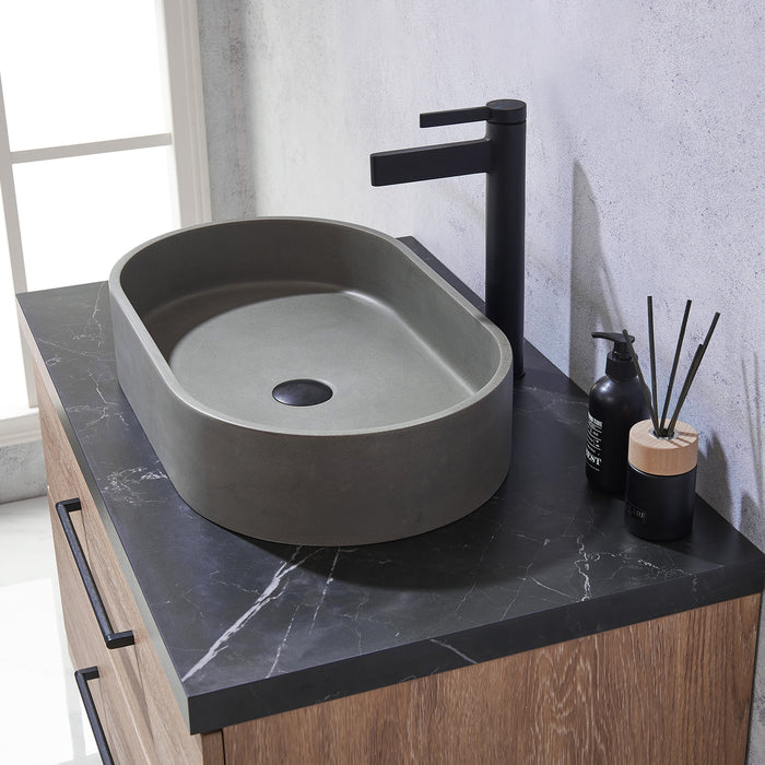 36-Inch Oak Wood Samara Single Sink Vanity - Black Sintered Stone Countertop with Concrete Sink & Soft Close Storage
