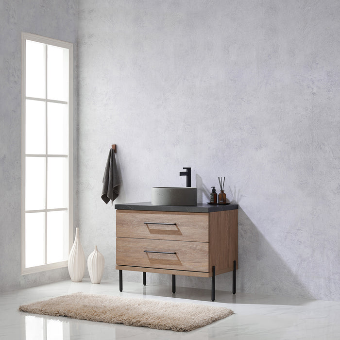 36 Inch Oak Sancerre Single Sink Bathroom Vanity with Concrete Sink Black Countertop