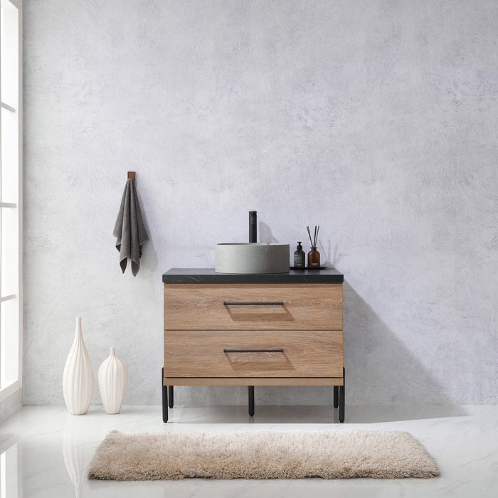36 Inch Oak Sancerre Single Sink Bathroom Vanity with Concrete Sink Black Countertop
