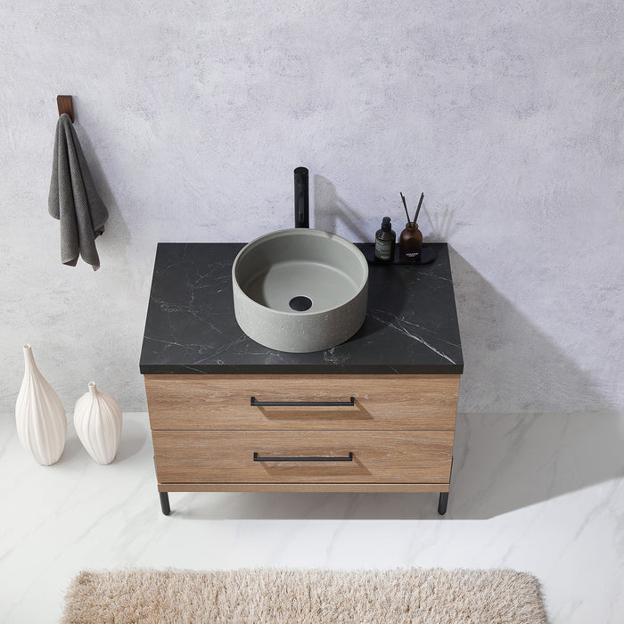 36 Inch Oak Sancerre Single Sink Bathroom Vanity with Concrete Sink Black Countertop