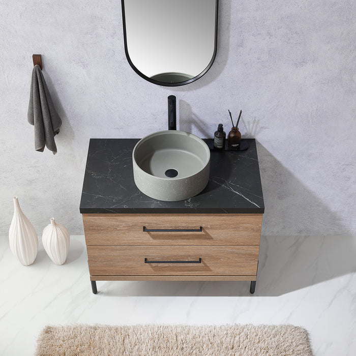 36-Inch Oak Shiloh Bathroom Vanity Set - Black Sintered Stone, Concrete Sink & Mirror Included