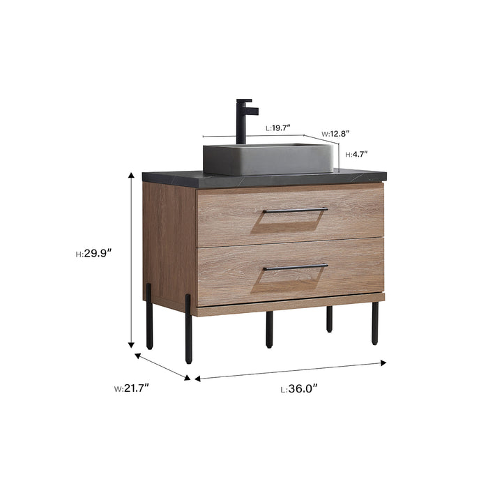 36-Inch Oak Wood Sanguine Single Sink Bath Vanity with Black Stone Countertop & Soft-Close Drawers