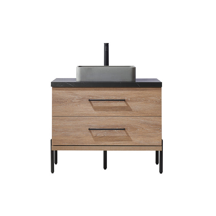 36-Inch Oak Wood Sanguine Single Sink Bath Vanity with Black Stone Countertop & Soft-Close Drawers