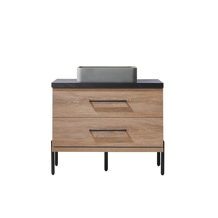 36-Inch Oak Wood Sanguine Single Sink Bath Vanity with Black Stone Countertop & Soft-Close Drawers