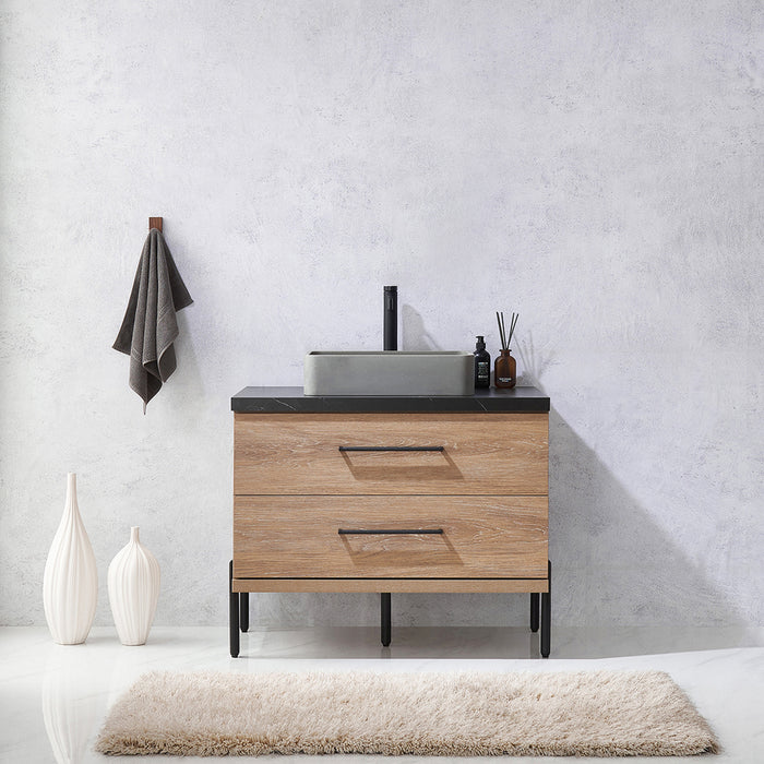 36-Inch Oak Wood Sanguine Single Sink Bath Vanity with Black Stone Countertop & Soft-Close Drawers