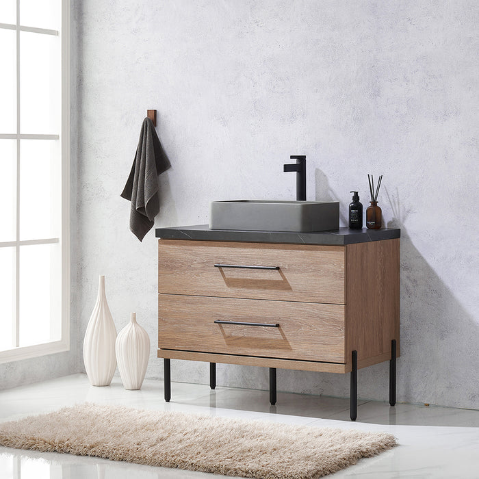 36-Inch Oak Wood Sanguine Single Sink Bath Vanity with Black Stone Countertop & Soft-Close Drawers