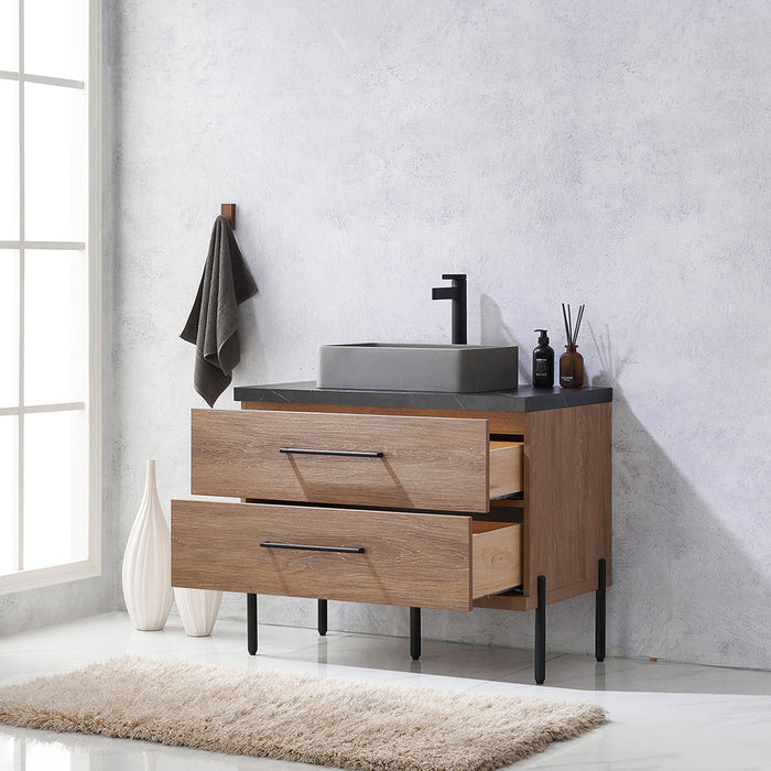36-Inch Oak Wood Sanguine Single Sink Bath Vanity with Black Stone Countertop & Soft-Close Drawers