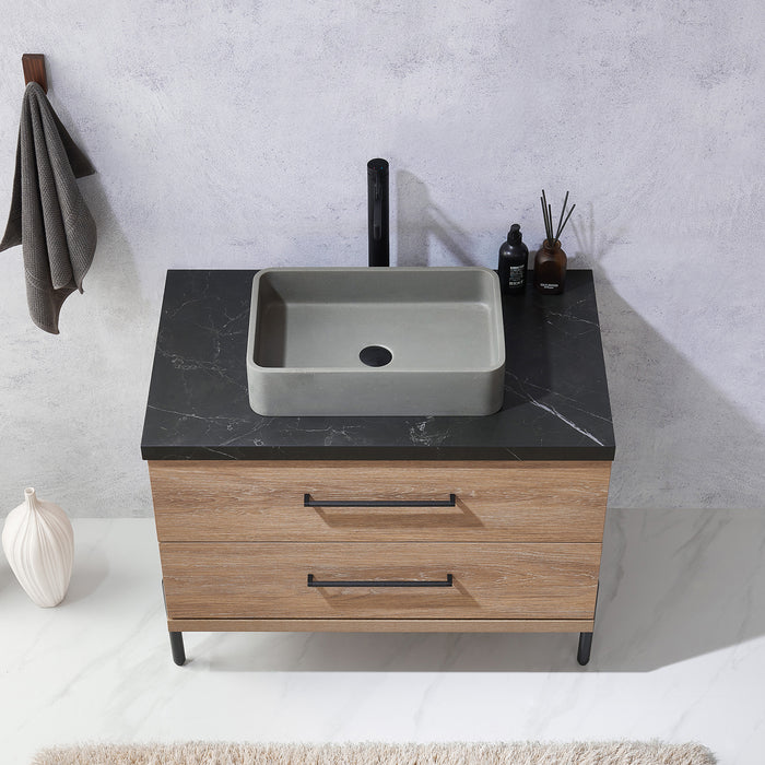 36-Inch Oak Wood Sanguine Single Sink Bath Vanity with Black Stone Countertop & Soft-Close Drawers