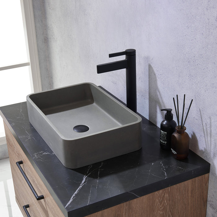 36-Inch Oak Wood Sanguine Single Sink Bath Vanity with Black Stone Countertop & Soft-Close Drawers