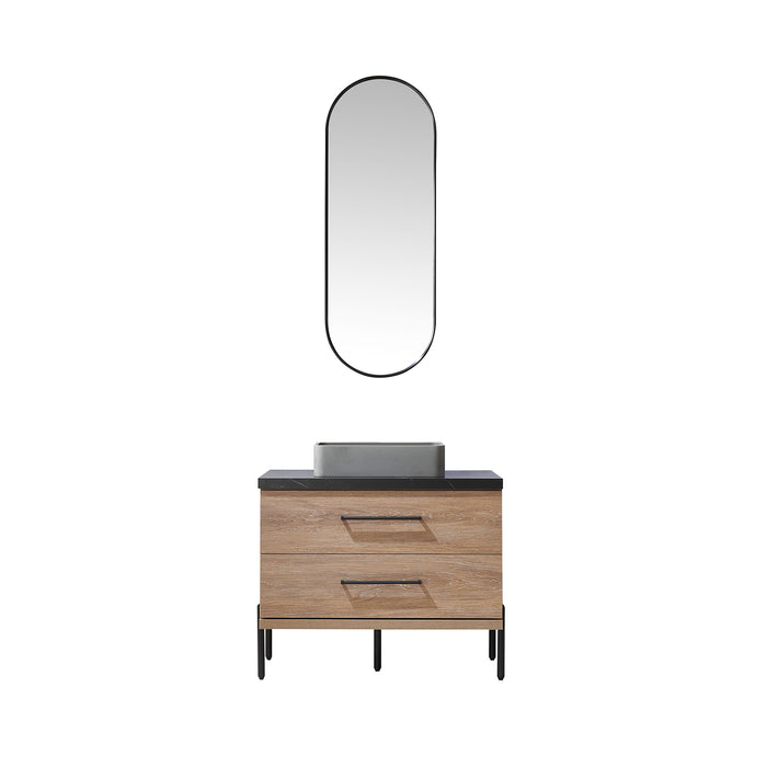 36-Inch Sirocco Single Sink Oak Bathroom Vanity Set - Black Sintered Stone Top with Concrete Sink & Mirror
