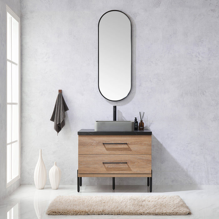 36-Inch Sirocco Single Sink Oak Bathroom Vanity Set - Black Sintered Stone Top with Concrete Sink & Mirror