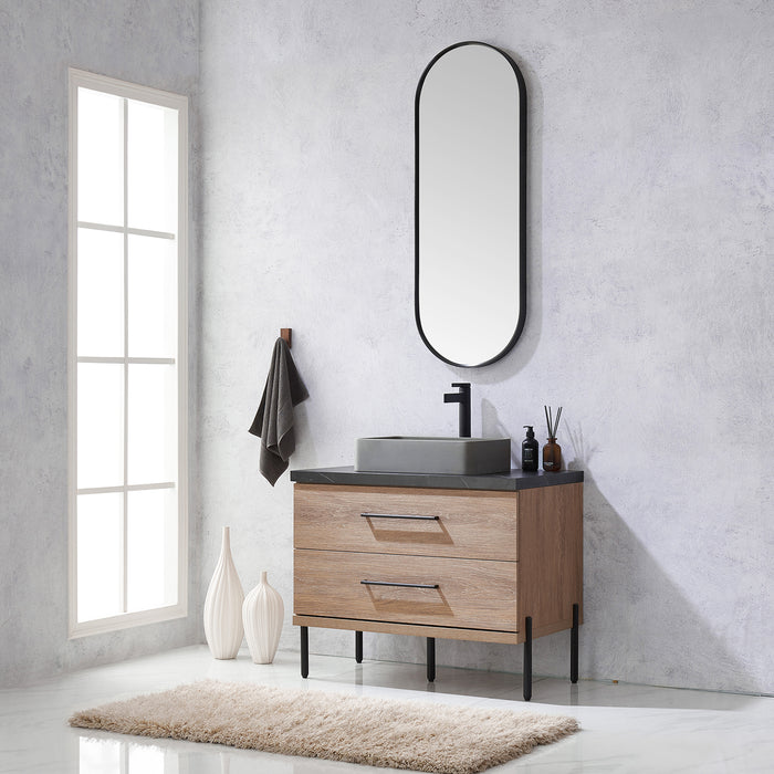 36-Inch Sirocco Single Sink Oak Bathroom Vanity Set - Black Sintered Stone Top with Concrete Sink & Mirror