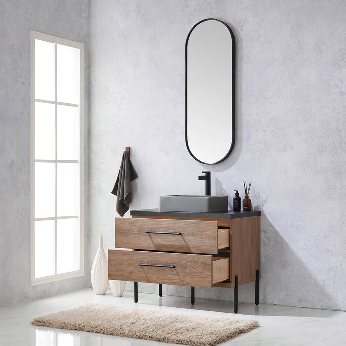 36-Inch Sirocco Single Sink Oak Bathroom Vanity Set - Black Sintered Stone Top with Concrete Sink & Mirror