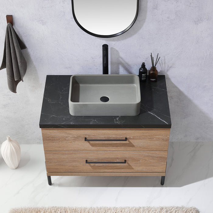 36-Inch Sirocco Single Sink Oak Bathroom Vanity Set - Black Sintered Stone Top with Concrete Sink & Mirror