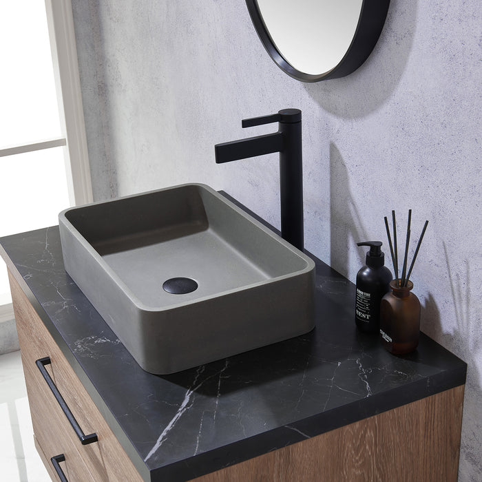 36-Inch Sirocco Single Sink Oak Bathroom Vanity Set - Black Sintered Stone Top with Concrete Sink & Mirror