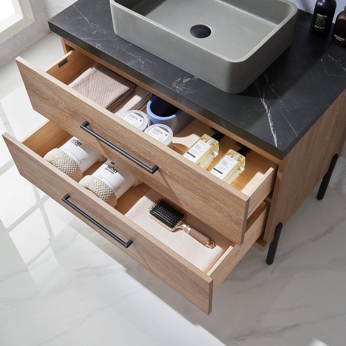 36-Inch Sirocco Single Sink Oak Bathroom Vanity Set - Black Sintered Stone Top with Concrete Sink & Mirror