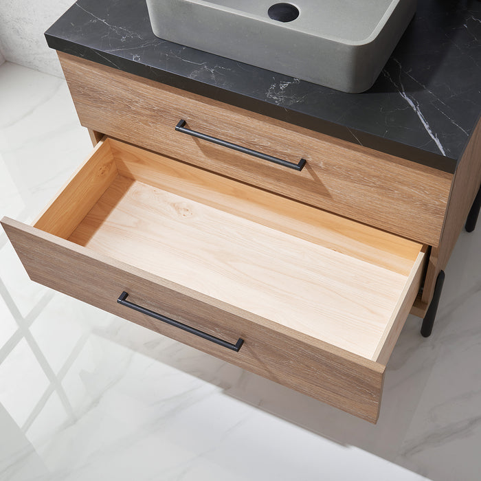 36-Inch Sirocco Single Sink Oak Bathroom Vanity Set - Black Sintered Stone Top with Concrete Sink & Mirror