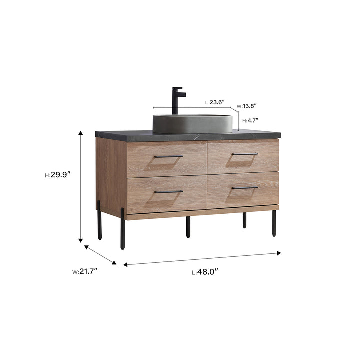Trento 48" Single Sink Bath Vanity in North American Oak with Black Sintered Stone Top with Concrete Sink 12