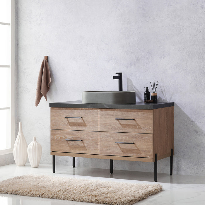 Trento 48" Single Sink Bath Vanity in North American Oak with Black Sintered Stone Top with Concrete Sink 12