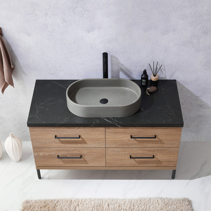 Trento 48" Single Sink Bath Vanity in North American Oak with Black Sintered Stone Top with Concrete Sink 12