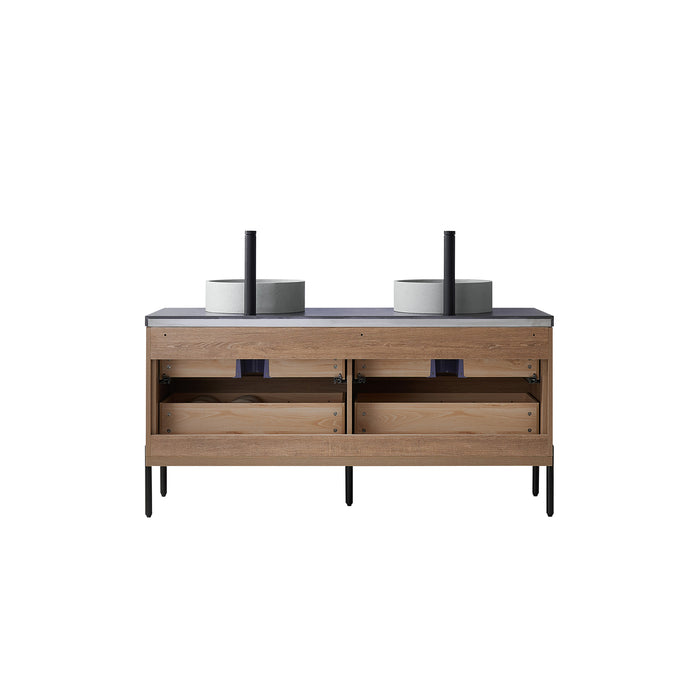 60 Inch Ariana Double Sink Bathroom Vanity in Oak with Black Stone Countertop & Mirrors
