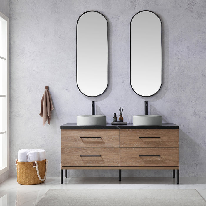 60 Inch Ariana Double Sink Bathroom Vanity in Oak with Black Stone Countertop & Mirrors