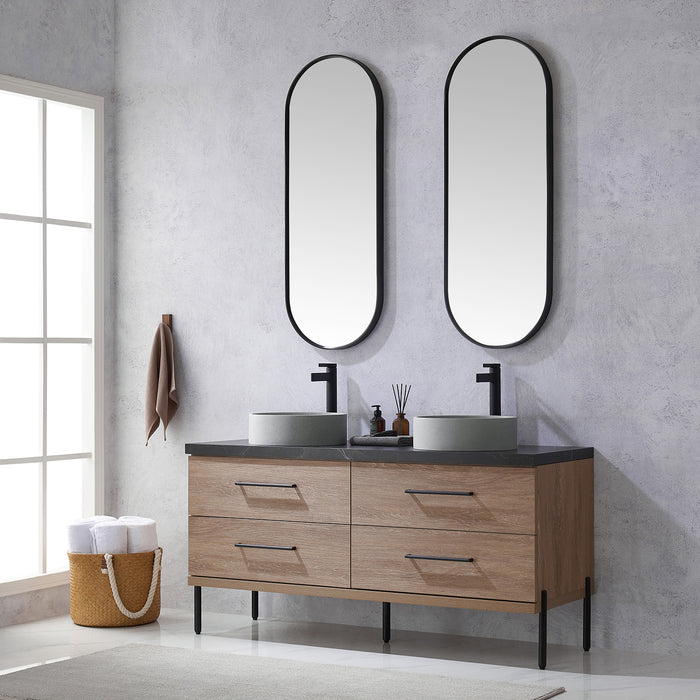 60 Inch Ariana Double Sink Bathroom Vanity in Oak with Black Stone Countertop & Mirrors