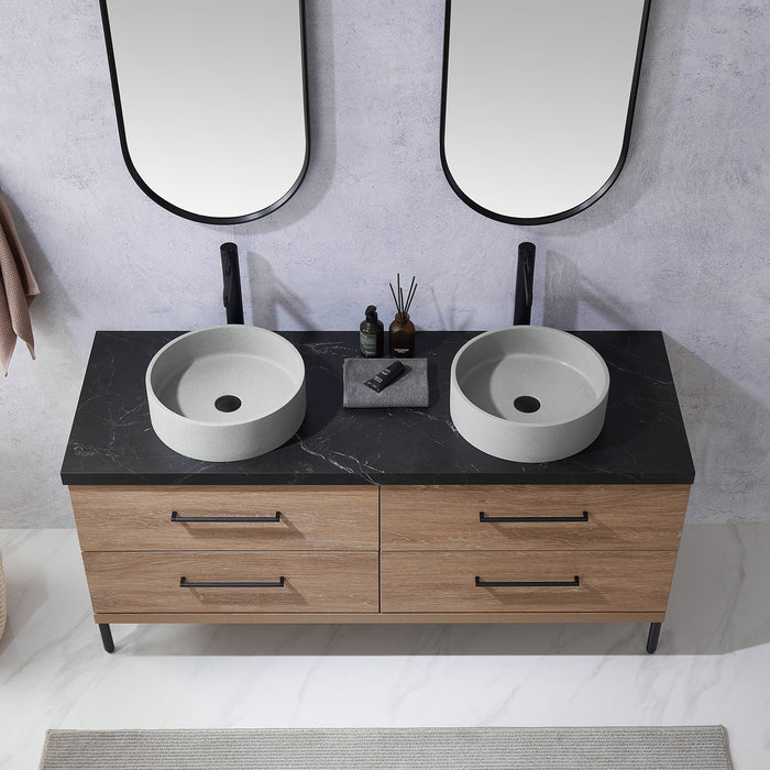 60 Inch Ariana Double Sink Bathroom Vanity in Oak with Black Stone Countertop & Mirrors