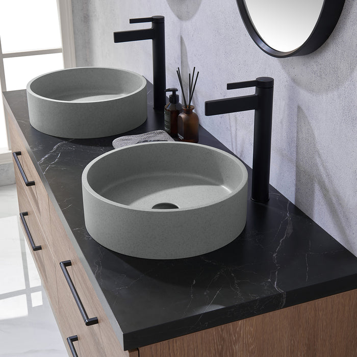 60 Inch Ariana Double Sink Bathroom Vanity in Oak with Black Stone Countertop & Mirrors