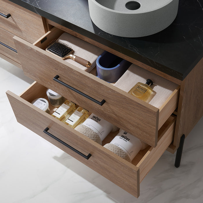 60 Inch Ariana Double Sink Bathroom Vanity in Oak with Black Stone Countertop & Mirrors