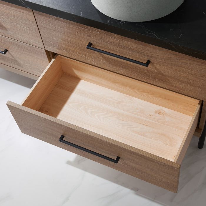 60 Inch Ariana Double Sink Bathroom Vanity in Oak with Black Stone Countertop & Mirrors
