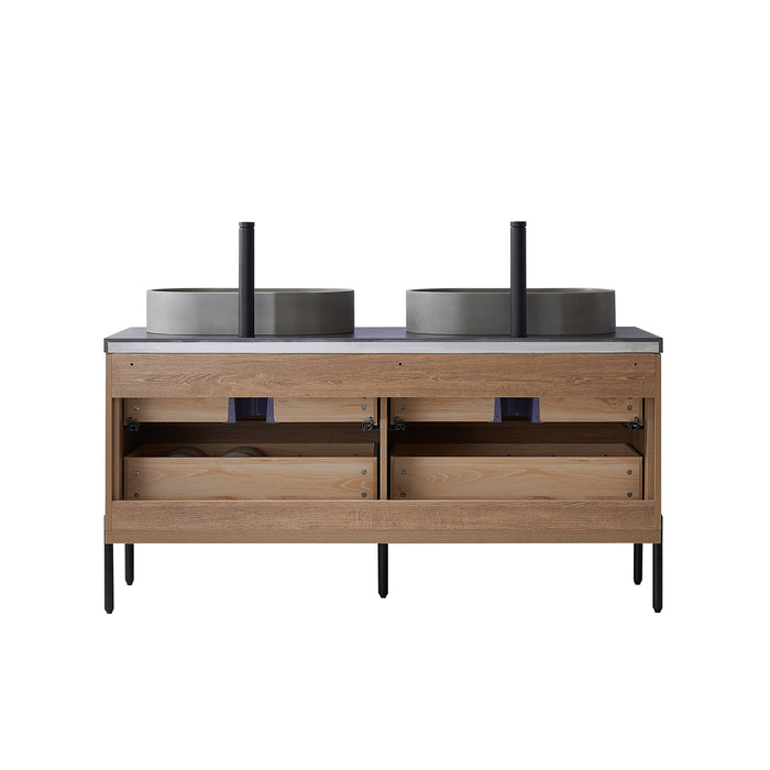 60-Inch Capitola Oak Double Sink Vanity with Black Stone Top, Concrete Vessel Sinks & Mirror