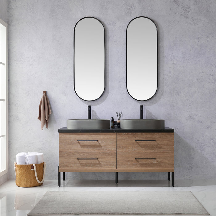 60-Inch Capitola Oak Double Sink Vanity with Black Stone Top, Concrete Vessel Sinks & Mirror