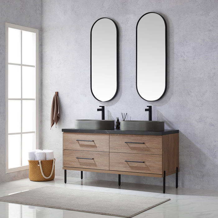 60-Inch Capitola Oak Double Sink Vanity with Black Stone Top, Concrete Vessel Sinks & Mirror