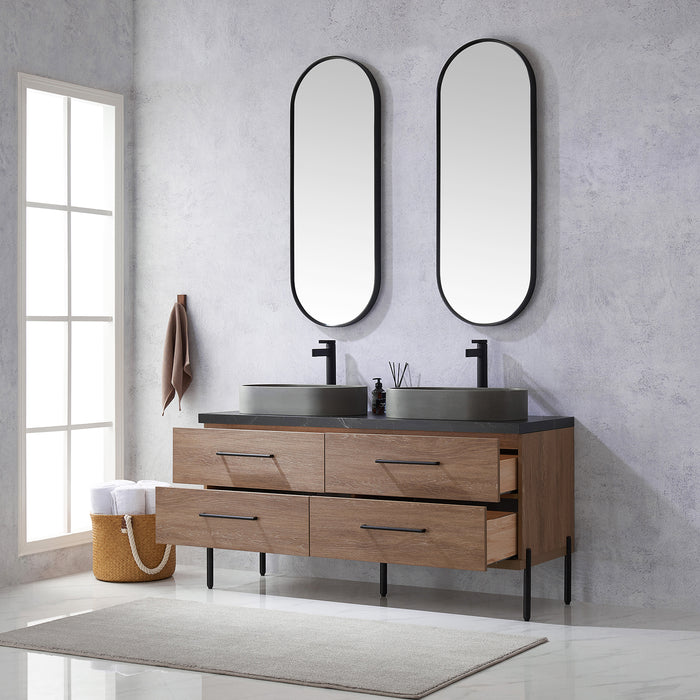 60-Inch Capitola Oak Double Sink Vanity with Black Stone Top, Concrete Vessel Sinks & Mirror