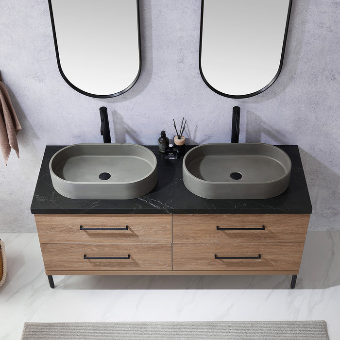 60-Inch Capitola Oak Double Sink Vanity with Black Stone Top, Concrete Vessel Sinks & Mirror