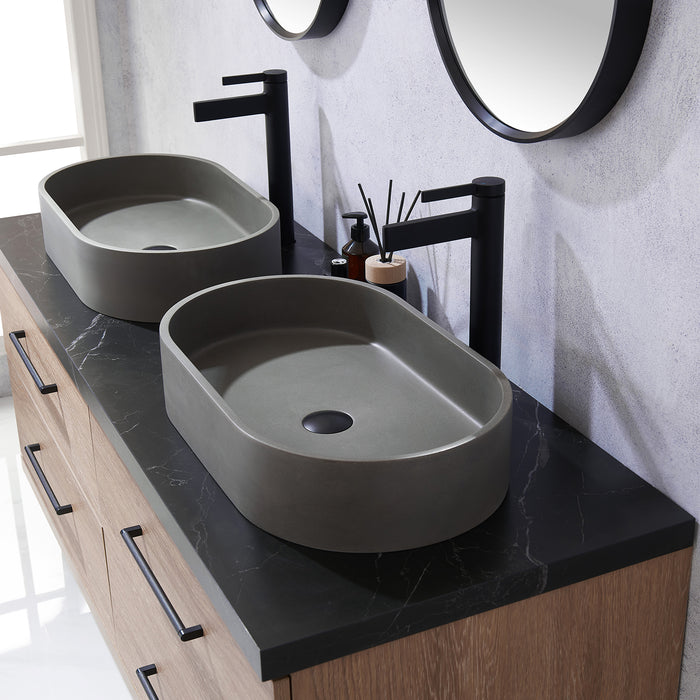 60-Inch Capitola Oak Double Sink Vanity with Black Stone Top, Concrete Vessel Sinks & Mirror