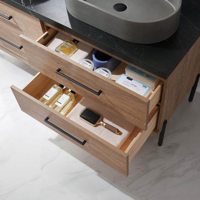 60-Inch Capitola Oak Double Sink Vanity with Black Stone Top, Concrete Vessel Sinks & Mirror