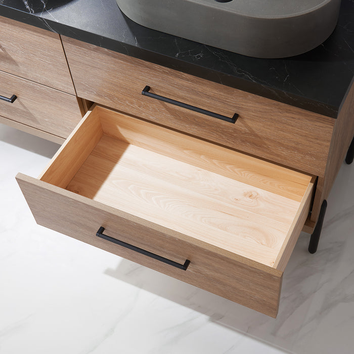 60-Inch Capitola Oak Double Sink Vanity with Black Stone Top, Concrete Vessel Sinks & Mirror