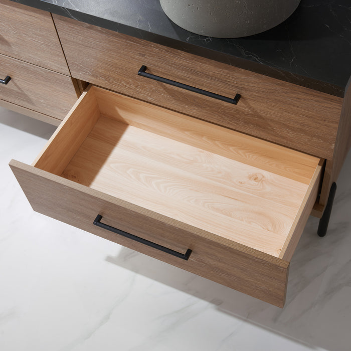 Trento 60" Double Sink Bath Vanity in North American Oak with Black Sintered Stone Top with Concrete Sink6