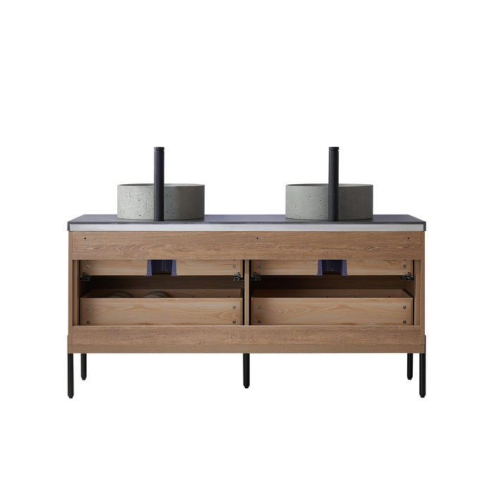 60 Inch Potter North American Oak Double Vanity Black Sintered Stone Concrete Sink Mirror Included