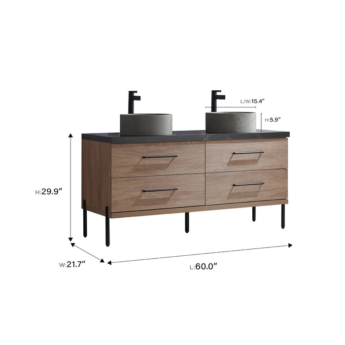 60 Inch Potter North American Oak Double Vanity Black Sintered Stone Concrete Sink Mirror Included