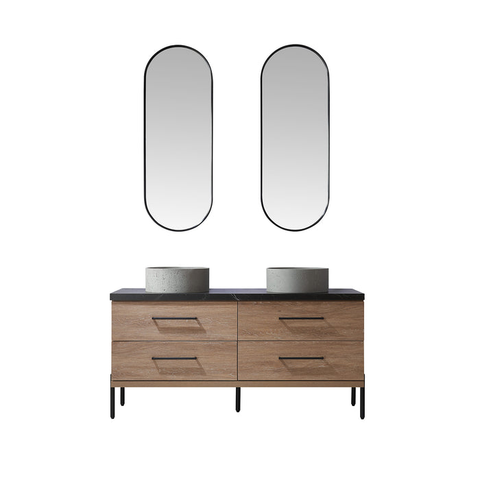 60 Inch Potter North American Oak Double Vanity Black Sintered Stone Concrete Sink Mirror Included