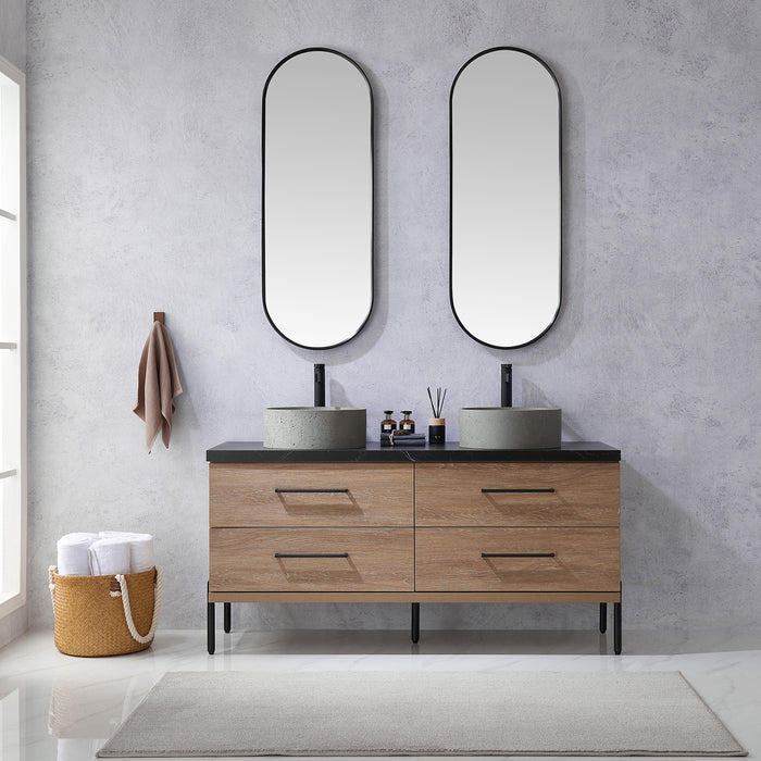 60 Inch Potter North American Oak Double Vanity Black Sintered Stone Concrete Sink Mirror Included