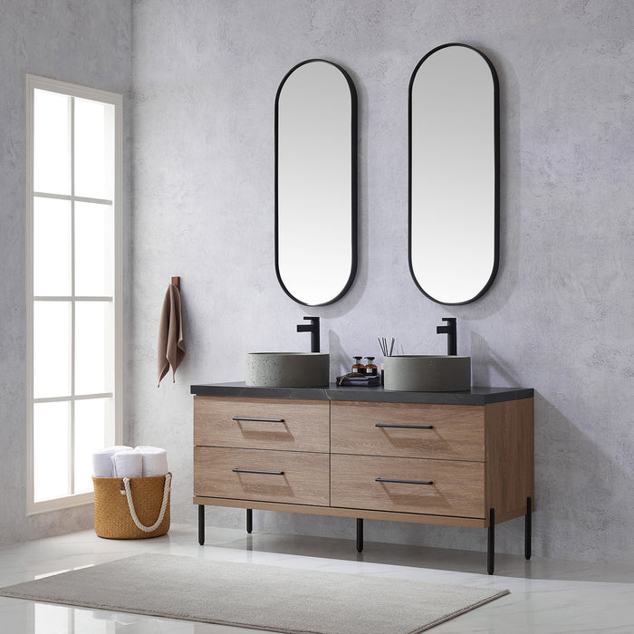 60 Inch Potter North American Oak Double Vanity Black Sintered Stone Concrete Sink Mirror Included