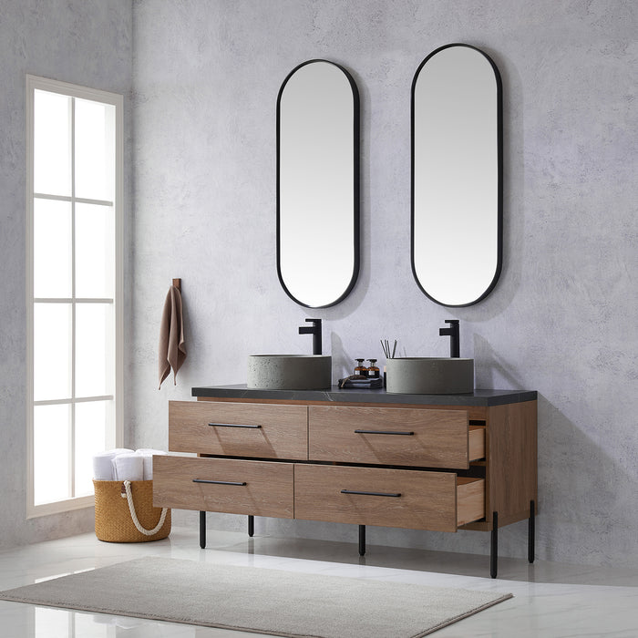 60 Inch Potter North American Oak Double Vanity Black Sintered Stone Concrete Sink Mirror Included