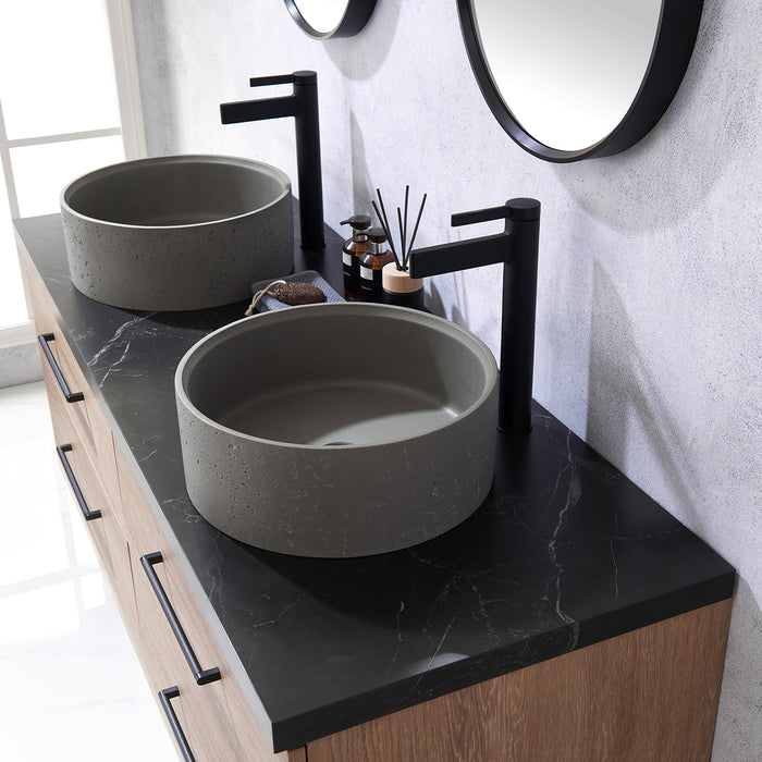 60 Inch Potter North American Oak Double Vanity Black Sintered Stone Concrete Sink Mirror Included