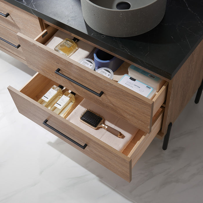 60 Inch Potter North American Oak Double Vanity Black Sintered Stone Concrete Sink Mirror Included