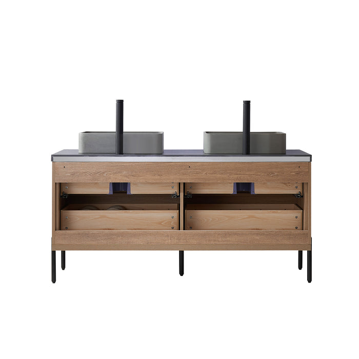 60-Inch Flynn Oak Double Sink Bathroom Vanity Concrete Vessel Black Sintered Countertop & Mirror Included